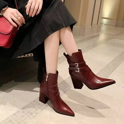 Sonicelife French Pointed Toe Thick Heels Sexy Belt Buckle Short Boot Retro Chunky High Heels Platform Casual Ankle Boots Pumps 2024