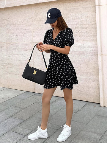 Sonicelife Spring Summer Holiday Floral Printed Flare Dress Vacation V-neck Short Sleeve Midi Dress For Women