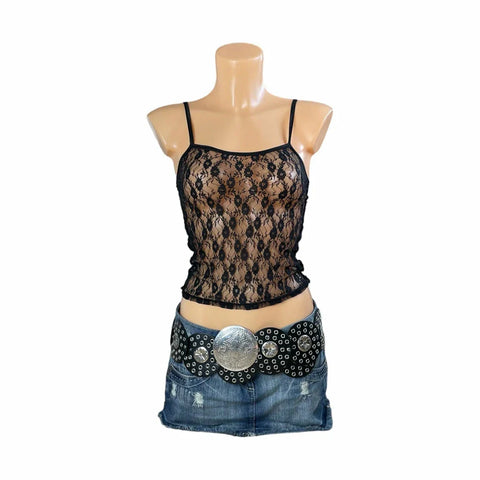 Sonicelife Women's Y2K Vintage Basic Floral Lace Camisole Casual Summer Sheer See-through Sleeveless Crop Tops for Streetwear