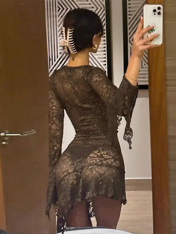Sonicelife hoco dresses-Women's V-neck Flare Sleeve Irregular Lace Dress 2024 Fashion Sexy High Waist Tunics Slim Short Party Dresses Night Club Outfit