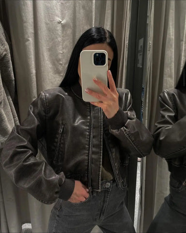 Sonicelife Women Washed Leather Loose Jacket Vintage Stand Collar Gradient Zipper Short Coat Spring Lady Locomotive Style Chic Coat