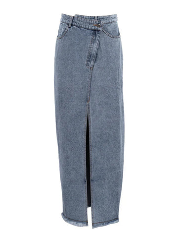 Sonicelife 2024 Spring Summer Women Denim Skirt High Waist Vintage Solid A-Line Slit Maxi Skirt For Women