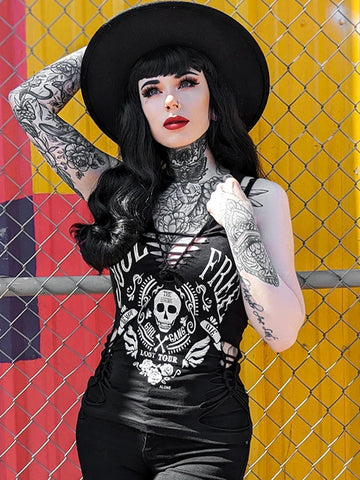 Sonicelife Women's Gothic Design Tops Tank Top 2024 Summer New Diablo Style Printed Woven Clashing Tank Top