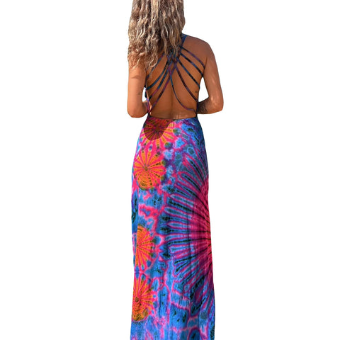 Sonicelife Women Summer Y2k Tie Dye Long Dress Sexy Sleeveless Open Back Bandage Colorful Dress Floral Print Beach Party Vestido