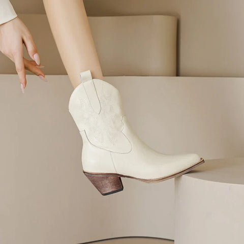 Sonicelife NEW Autumn Women Western Boots Split Leather Shoes for Women Pointed Toe Chunky Heel Boots Winter Female Embroidered Short Boots