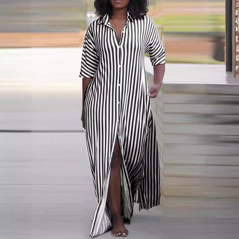 Sonicelife Striped Blouses Dresses Single Breasted Turn Down Collar Women Ankle Length Dress Button High Street Loose Fit Summer 2024