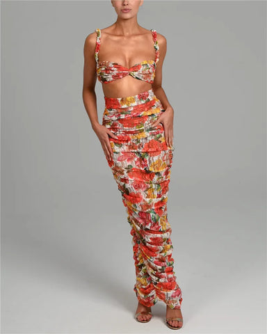 Sonicelife Floral Spaghetti Straps Bra Top and Skirt Set
