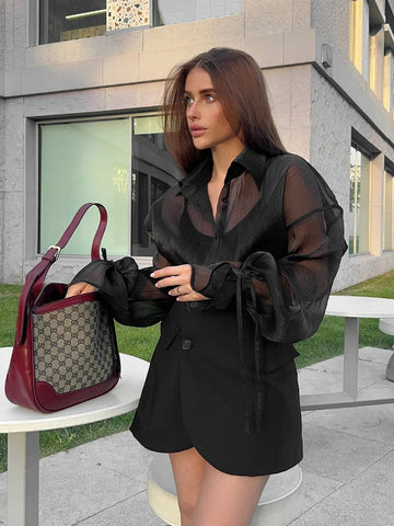 Sonicelife Aynaray Spring Summer 2024 Women Elegant Long Sleeve Solid Black Mesh Shirt Ladies Sheer Chiffon Blouse For Woman Female