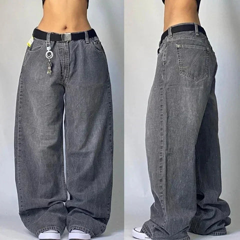 Sonicelife Street Vintage New Fashion Washed Grey Baggy Jeans Women Y2K Harajuku Hip Hop Popular Casual Joker High Waist Wide Leg Pants