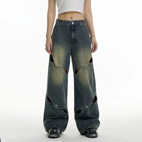 Sonicelife New Men And Women Ragged Pants Splicing Washed Hollow Jeans Y2K American Retro Gothic Punk Style Loose Casual Wide-leg Pants