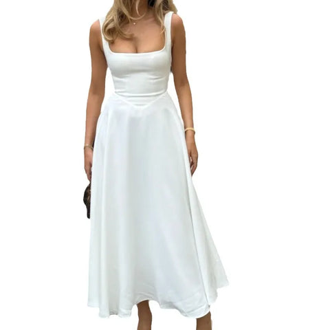 Sonicelife Dress Women Summer Sexy Long Dresses Slim Fit Solid Square Collar Sleeveless Backless Tight Waist Temperament Camisole Vestidos