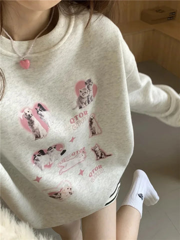 Back To School Sonicelife Cute Dog Print Hoodies Women Kawaii Cat Graphic Long Sleeve Oversized Sweatshirt  Pullover Harajuku Y2k Cutecore Clothes