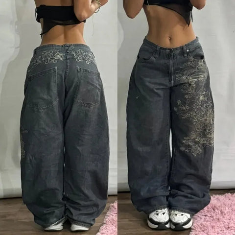 Sonicelife Streetwear New Fashion Blue Washed Old Baggy Jeans Women Y2K Vintage Harajuku Casual Joker Gothic High Waist Wide Leg Pants