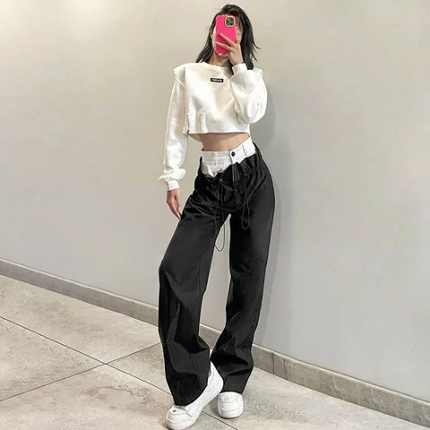 Sonicelife American Vintage Black White Patchwork Pants Sexy Hot Drawstring High Waist Trousers Y2k Streetwear All-match Straight Bottoms