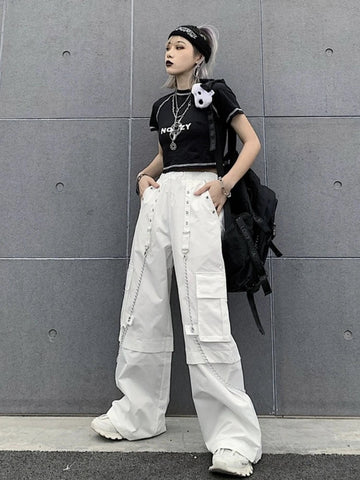 Sonicelife White Cargo Pants Women Streetwear Fashion Baggy Chain High Waist Wide Leg Casual Sweatpants Y2k Vintage Mujer Trousers