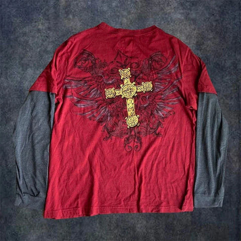 Sonicelife 2000s Retro Grunge Indie Mall Goth Tees Vintage Graphic Patchwork Long Sleeve T-shirt Y2K Aesthetic Emo Women Men Tops Clothes