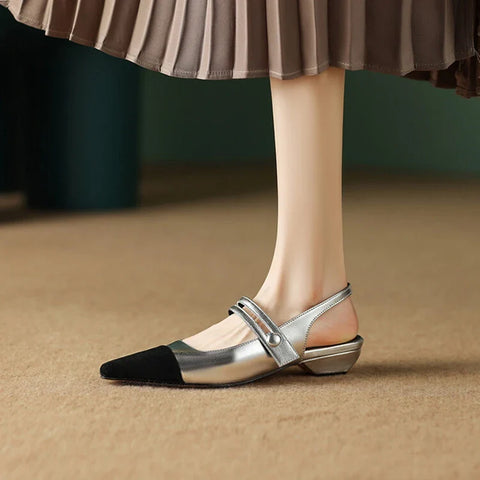 Sonicelife Summer Sandals Women Split Leather Shoes for Women Pointed Toe Slingback Women Shoes Low Heel Golden Shoes sandálias feminina
