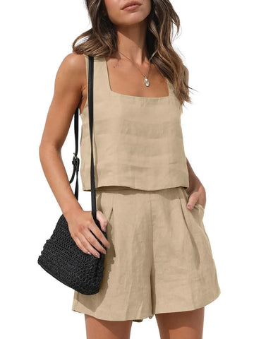 Sonicelife Linen Square Neckline Sleeveless Top and Shorts Set