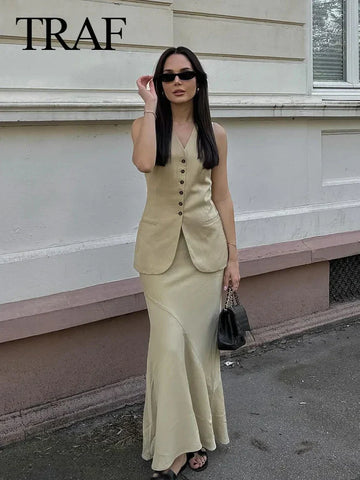 Sonicelife Women 2024 Fashion Summer Vest Skirt Sets Khaki V-Neck Sleeveless Pockets Waistcoats+High Waist Asymmetrical Skirt Suits