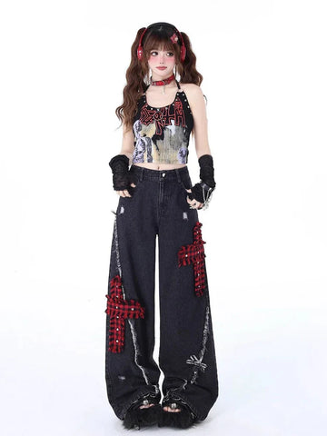 Sonicelife Punk Cross Wide Leg Jeans Women Streetwear Vintage Loose Hole High Waist Black Denim Pants Y2k Fashion Straight Bottoms