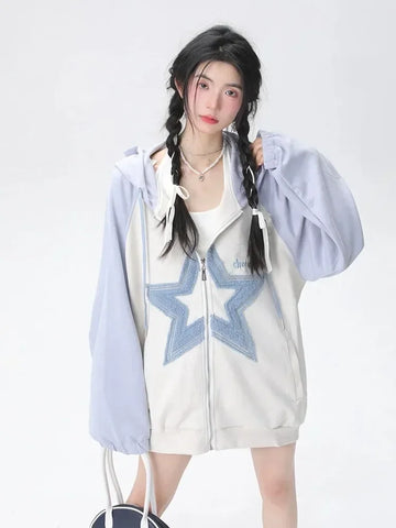 Black Friday Sonicelife Star Pattern Zip Up Hoodies Women Oversized Streetwear Patchwork Sweatshirts Cutecore Fashion Aesthetic Kawaii Clothes