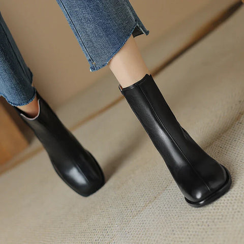 Sonicelife NEW Autumn Women Boots Split Leather Shoes for Women Square Toe Chunky Heel Shoes Red Slip-on Short Boots zapatos para mujeres