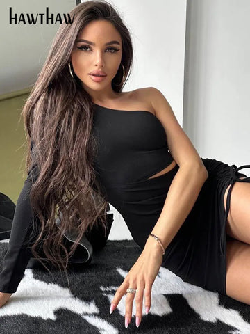 Sonicelife Women 2024 Autumn Winter Crop Tops Mini Skirt Party Club Two Piece Matching Sets Outfits Wholesale Items For Business