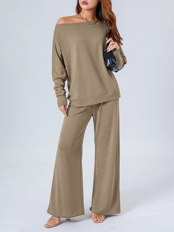 Sonicelife Casual Two-Piece Tops Pants Sets for Women Fall Street Office Outfits Off-Shoulder Long Sleeve Pullovers+Wide Leg Pants