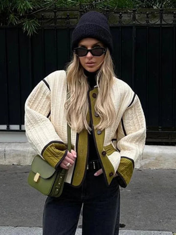 Back To School Sonicelife Women Elegant Patchwork Stand Collar Coats Fashion Contrast Single Breasted With Pocket Loose Jacket 2024 Autumn Lady Chic Coat
