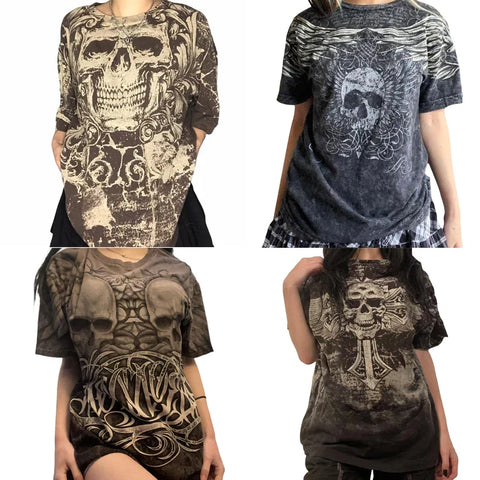 Sonicelife Punk Style Mall Goth Grunge Skull Graphic Tops Cyber Y2K T-Shirt Vintage Aesthetic Gothic Harajuku Pullovers Tees Women