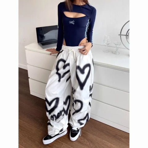 Sonicelife Y2K Love Graffiti Wide Leg Pants Women High Waist Streetwear Loose Drawstring Jogging Trousers Female Korean Casual Sweatpants