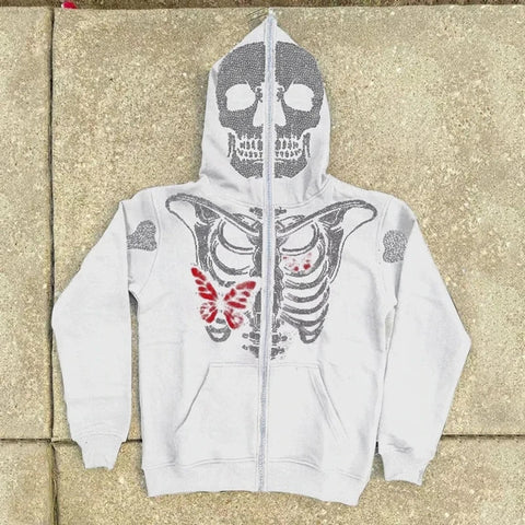 Back To School Sonicelife Gothic Grunge Rhinestones Butterfly Skeleton Print Sweatshirt Punk Zip Up Hoodie Y2K Aesthetics Retro Oversized Coat Top