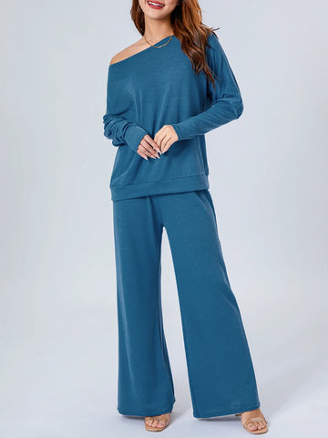 Sonicelife Casual Two-Piece Tops Pants Sets for Women Fall Street Office Outfits Off-Shoulder Long Sleeve Pullovers+Wide Leg Pants