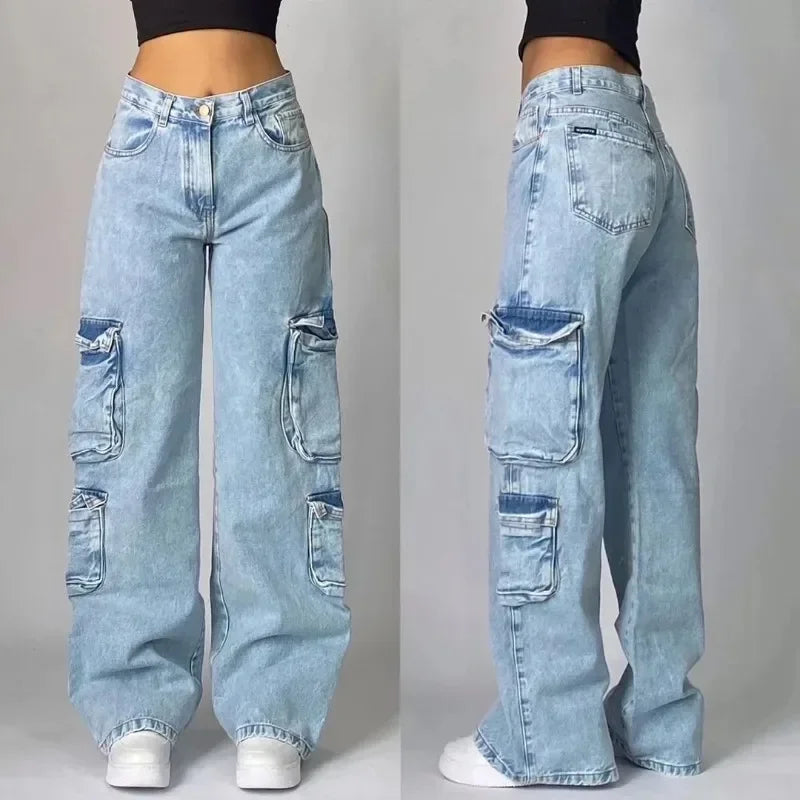 Sonicelife Y2K Baggy Jeans Womens New Multi-pocket Washed Vintage Jeans Harajuku Oversized Denim Pants High Waist Wide Leg Pants Trousers