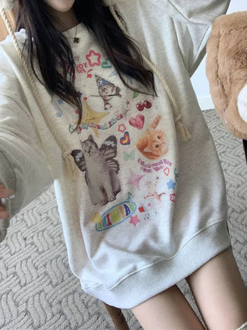 Back To School Sonicelife Kawaii Cat Print Hoodie Women Cutecore Long Sleeve Sweatshirt American Retro E-girl Kitten Angel Graphic Alt Clothes Y2k