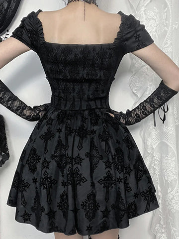 Sonicelife Women's Gothic Directional Design New Fall Halloween Elegant Cross Flocked Dark Dresses