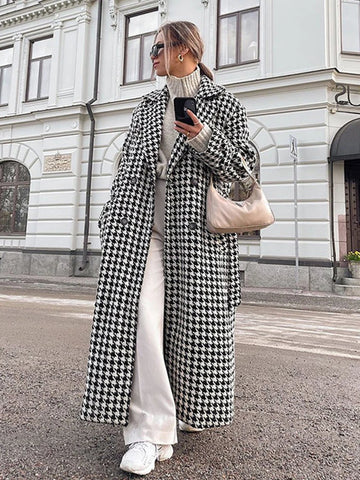 Sonicelife Aynaray 2024 Autumn Winter Women Houndstooth Plaid Woolen Coat Loose Lapel Long Sleeve Classic Warm Overcoat