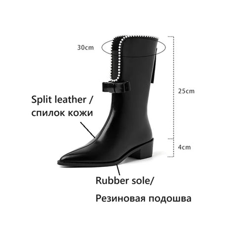 Sonicelife NEW Autumn Women Boots Split Leather Shoes for Women Pointed Toe Chunky Heel Shoes Bow-knot Zipper Mid-calf Boots Western Boots