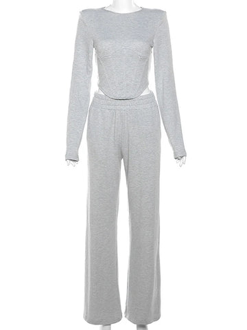 Sonicelife Aynaray Autumn Winter 2024 Women Solid Grey Sweatsuit Tracksuit Sets Loose Outfits 2 Two Piece Pant Set Suit For Women