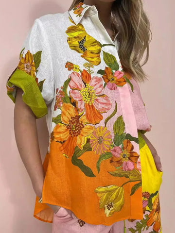 Sonicelife Floral Print 2 Pcs Shirt and High Waist Trousers Set