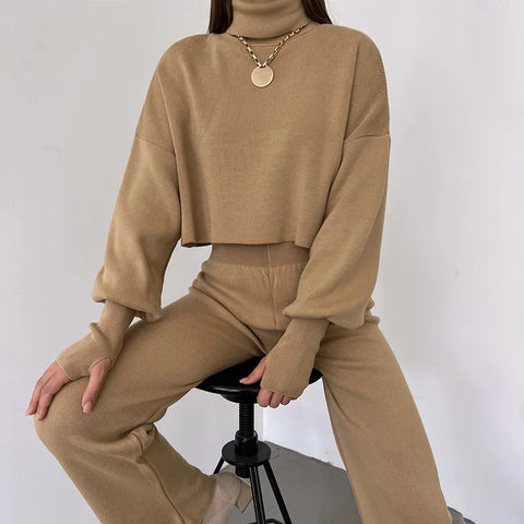 Sonicelife High Neckline Crop Top with Trousers Set