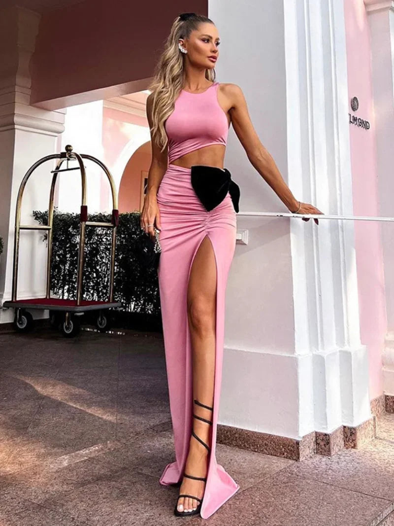 Sonicelife-Two-piece Set Pink Dresses 2024 Summer Sexy Elegant Sleeveless High Waist Slit Black Bowknot Bodycon Evening Party Formal Dress