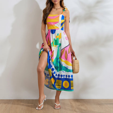 Sonicelife Women Summer Boho Cami Long Dress Graphic Spaghetti Strap Flowy Maxi Dress Square Neck Colorful A Line Sundress 2024 New