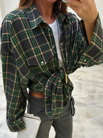 Sonicelife 2024 Vintage Oversized Thick Plaid Shirt Classic Long Sleeve Loose Fit Blouse For Women Autumn Winter