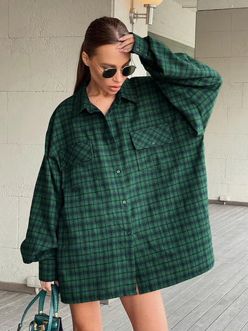 Sonicelife 2024 Autumn Winter Women Casual Oversized Plaid Shirt Long Sleeve Ladies Tops Loose Fit Long Blouse For Woman