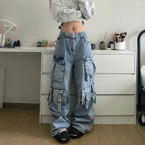 Sonicelife American Street Workwear Multi-Pocket Heavy Lndustry Design Jeans Female Y2K Gothic Fashion Punk Style Loose Floor Wide-leg Pant