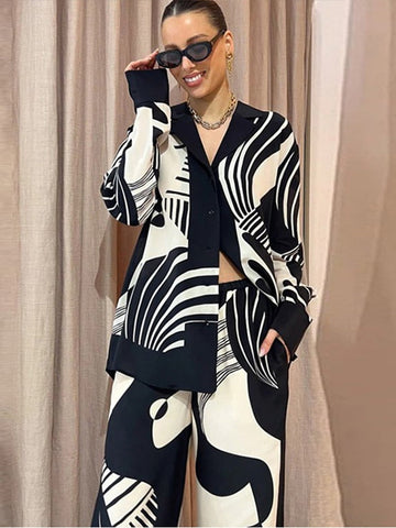 Sonicelife Black and White Long Sleeve Shirt and Wide Leg Trousers Set
