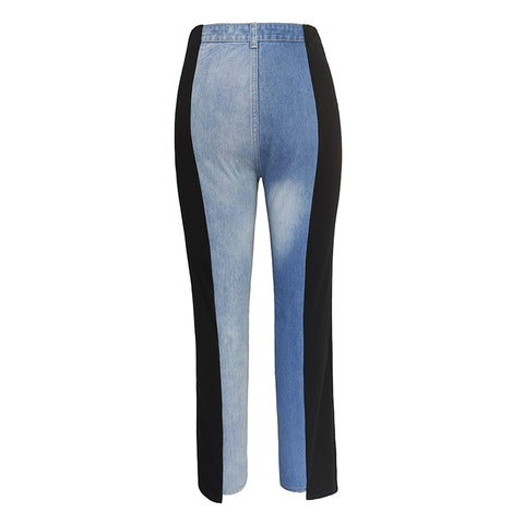 Sonicelife High Waist Women Denim Jeans 2024 New Ripped Women Denim Trousers Streetwear Fashion Stitching Jeans Straight Tapered Trousers