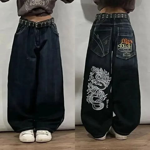 Sonicelife American New Heavy Blue Washed Baggy Jeans Y2K Street Vintage Harajuku Fashion Gothic High Waist Casual Wide-leg Pants Trousers