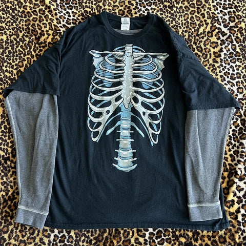 Sonicelife Y2K Aesthetic Gothic Skull Print Tops Halloween Punk Style Cbyer Grunge T-shirt Emo 00s Vintage Long Sleeve Pullovers Tee